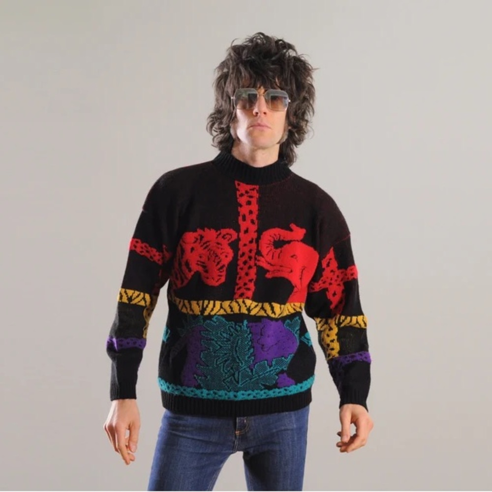 Vintage 80’s Custom Design Sweater Zoo Multicolor Mock Neck Long Sleeve Large